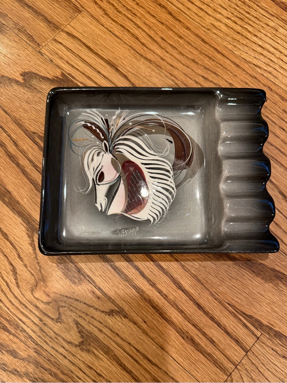 Sascha Brastoff Ceramic Ashtray with Abstract Horse Motif - Gray, Brown, White